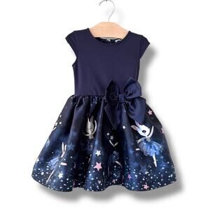 H&M Girls Dress Size 2T Navy Ballerina Print Bow Waist Cap Sleeve Party Taffeta